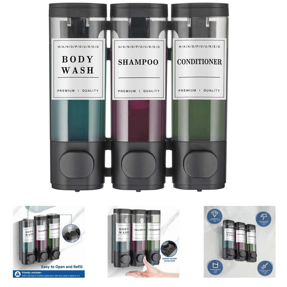 Shampoo Conditioner Dispenser Shower Wall Mount No Drill 3 Chamber 900Ml Black